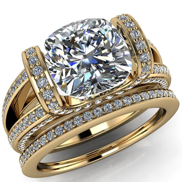 Rings Fire Brilliance Harlow Cushion Center Stone Half Bezel Split Shank Diamond Channel Cathedral Ring