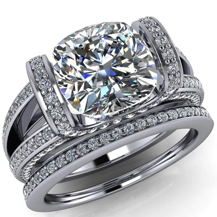 Rings Fire Brilliance Harlow Cushion Center Stone Half Bezel Split Shank Diamond Channel Cathedral Ring