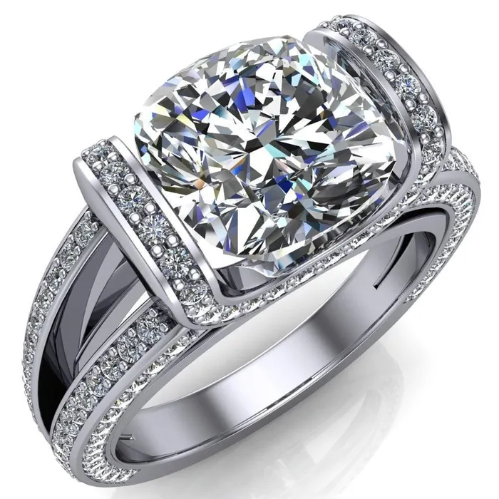 Rings Fire Brilliance Harlow Cushion Center Stone Half Bezel Split Shank Diamond Channel Cathedral Ring