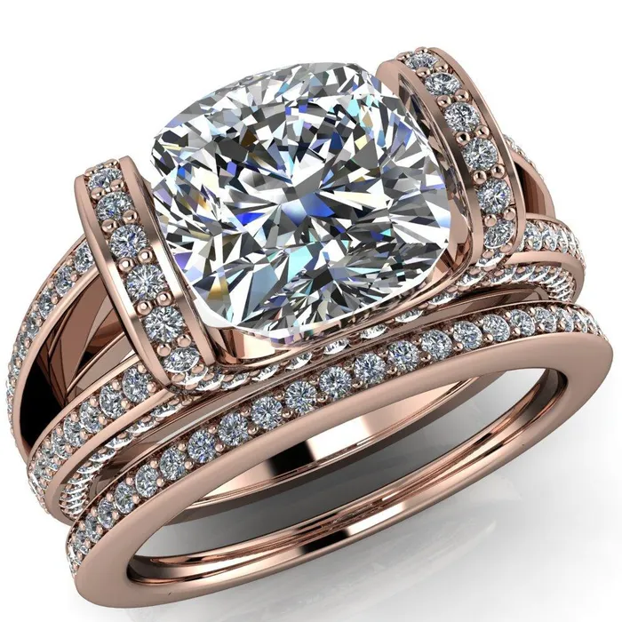 Rings Fire Brilliance Harlow Cushion Center Stone Half Bezel Split Shank Diamond Channel Cathedral Ring
