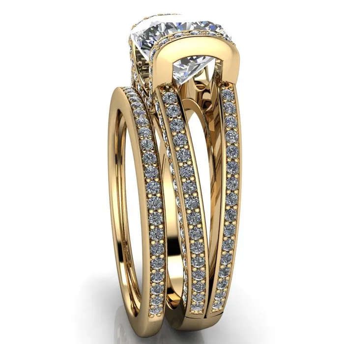 Rings Fire Brilliance Harlow Cushion Center Stone Half Bezel Split Shank Diamond Channel Cathedral Ring