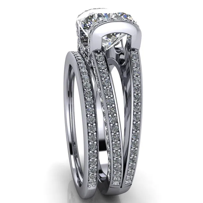 Rings Fire Brilliance Harlow Cushion Center Stone Half Bezel Split Shank Diamond Channel Cathedral Ring