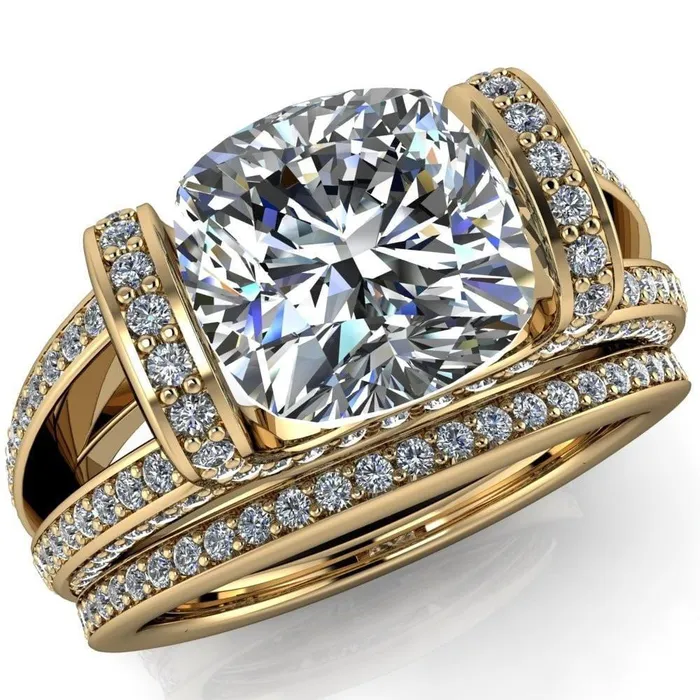 Rings Fire Brilliance Harlow Cushion Center Stone Half Bezel Split Shank Diamond Channel Cathedral Ring