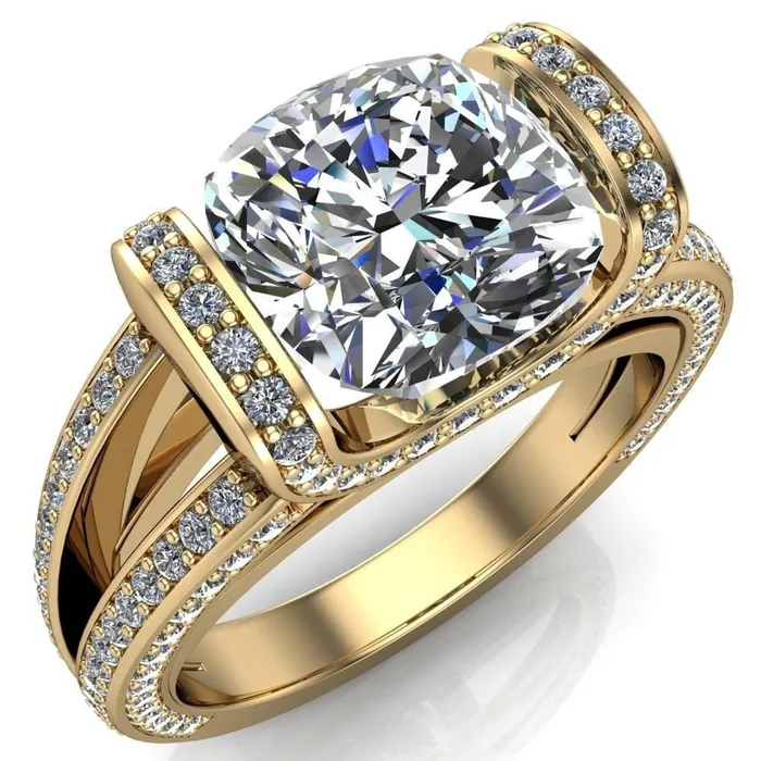 Rings Fire Brilliance Harlow Cushion Center Stone Half Bezel Split Shank Diamond Channel Cathedral Ring