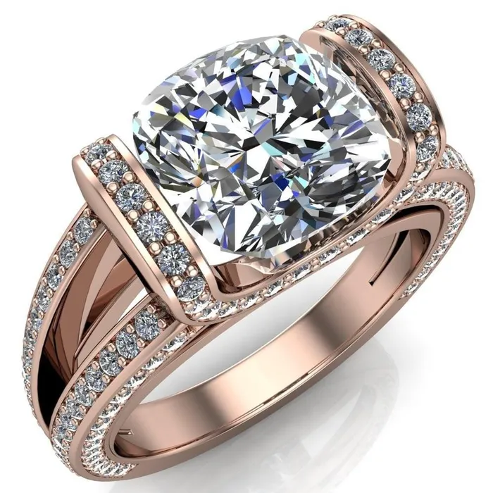 Rings Fire Brilliance Harlow Cushion Center Stone Half Bezel Split Shank Diamond Channel Cathedral Ring