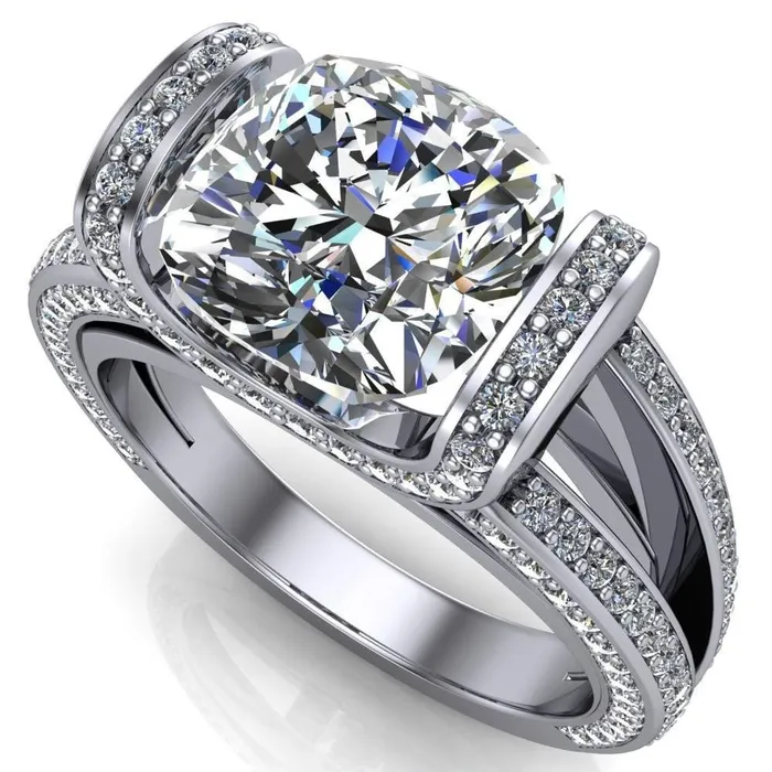 Rings Fire Brilliance Harlow Cushion Center Stone Half Bezel Split Shank Diamond Channel Cathedral Ring