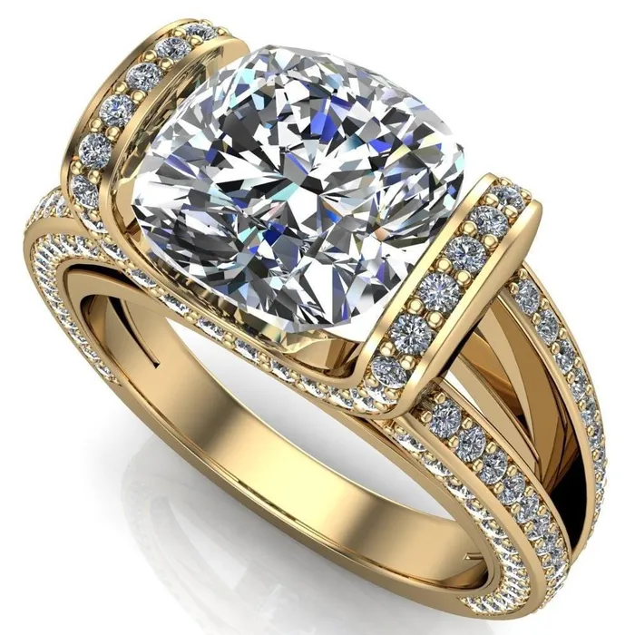 Rings Fire Brilliance Harlow Cushion Center Stone Half Bezel Split Shank Diamond Channel Cathedral Ring