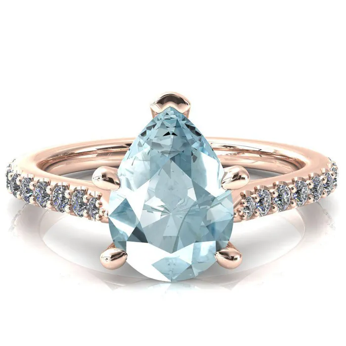 Rings Fire Brilliance Kelsy Pear Aqua Blue Spinel 5 Prong 34 Shared Scalloped Inverted Cathedral Ring