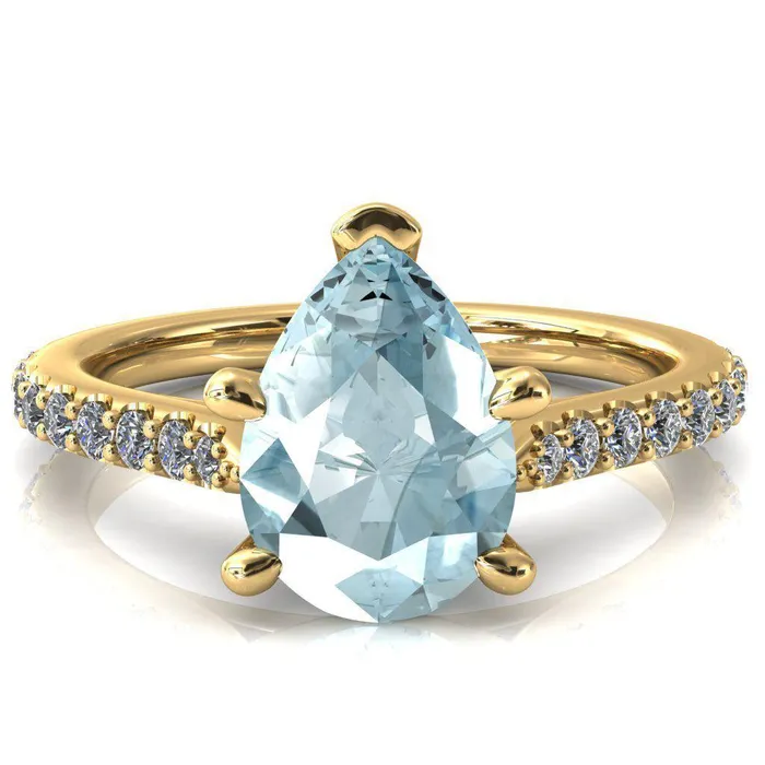 Rings Fire Brilliance Kelsy Pear Aqua Blue Spinel 5 Prong 34 Shared Scalloped Inverted Cathedral Ring