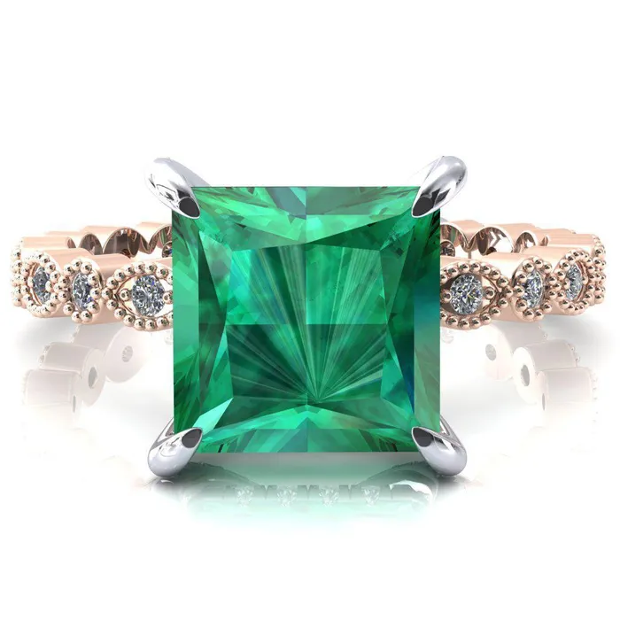 Rings Fire Brilliance Lizette Princess Emerald 4 Claw Prong 34 Eternity Milgrain Diamond Shank Engagement Ring
