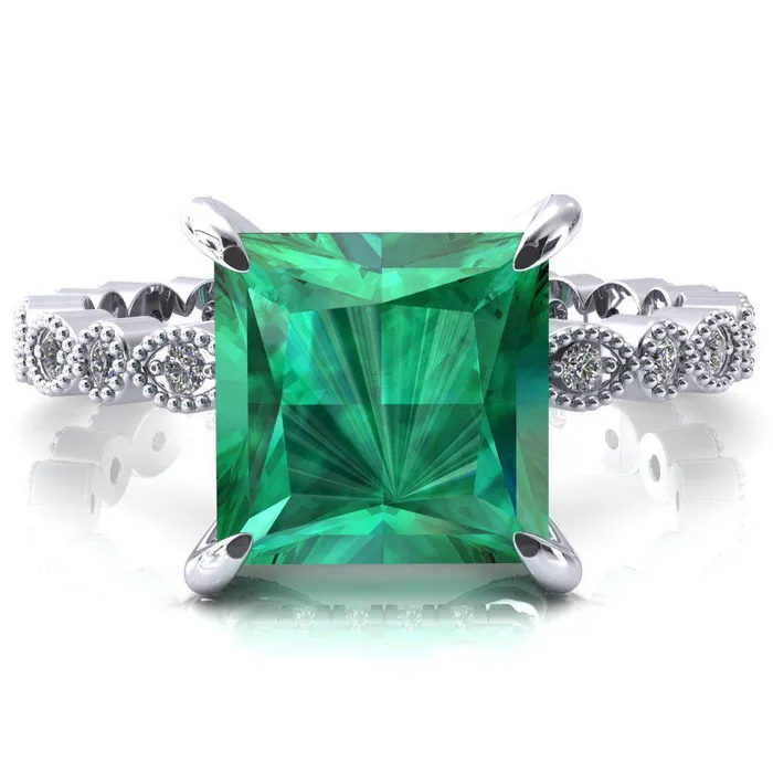 Rings Fire Brilliance Lizette Princess Emerald 4 Claw Prong 34 Eternity Milgrain Diamond Shank Engagement Ring