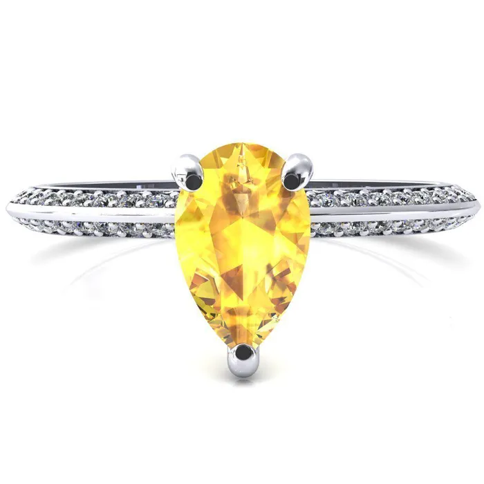 Rings Fire Brilliance Nancy Pear Yellow Sapphire 3 Prong 12 Eternity Diamond Knife Shank Accent Engagement Ring