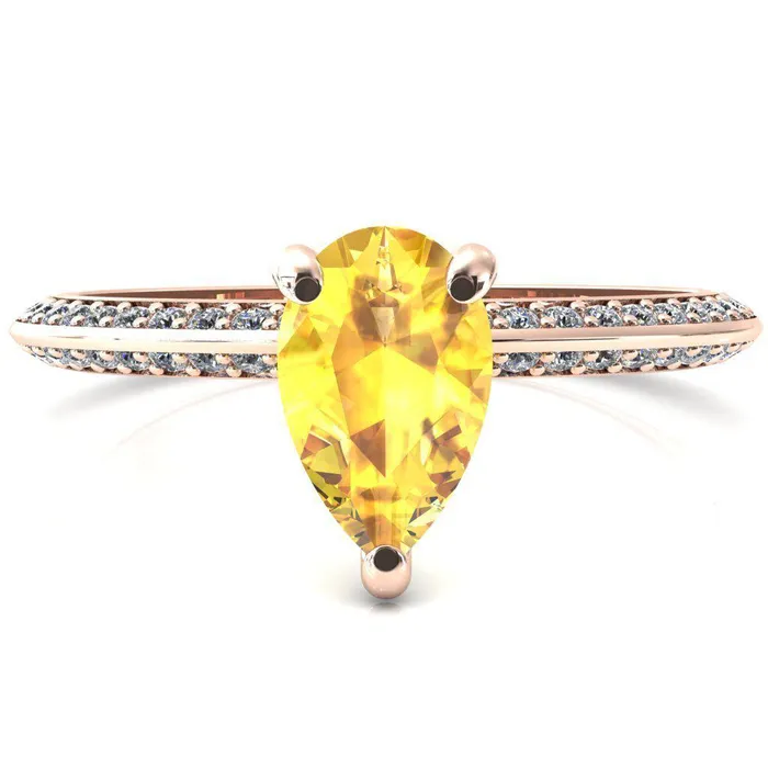 Rings Fire Brilliance Nancy Pear Yellow Sapphire 3 Prong 12 Eternity Diamond Knife Shank Accent Engagement Ring