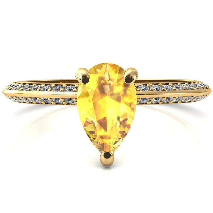 Rings Fire Brilliance Nancy Pear Yellow Sapphire 3 Prong 12 Eternity Diamond Knife Shank Accent Engagement Ring