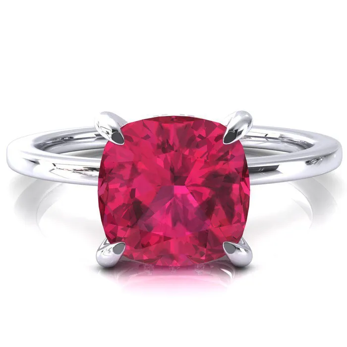 Rings Fire Brilliance Rosy Cushion Ruby 4 Claw Prong Single Rail Micropave Engagement Ring Rings Fire Brilliance Rosy Cushion Ruby 4 Claw Prong Single Rail Micropave Engagement Ring