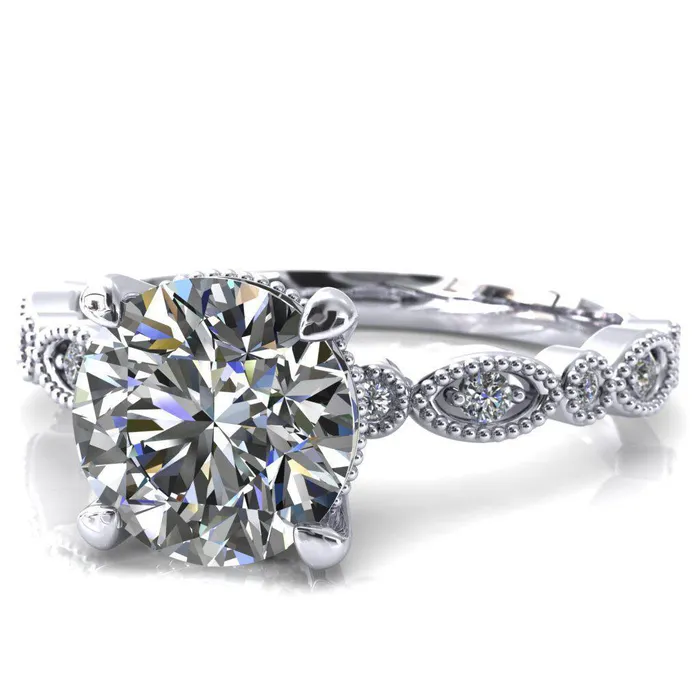 Rings Fire Brilliance Shirley Round Center Stone 4 Prong Loop Diamond Side Engagement Ring