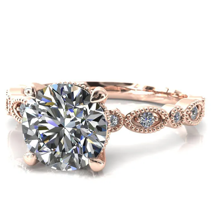Rings Fire Brilliance Shirley Round Center Stone 4 Prong Loop Diamond Side Engagement Ring