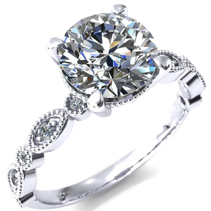 Rings Fire Brilliance Shirley Round Center Stone 4 Prong Loop Diamond Side Engagement Ring