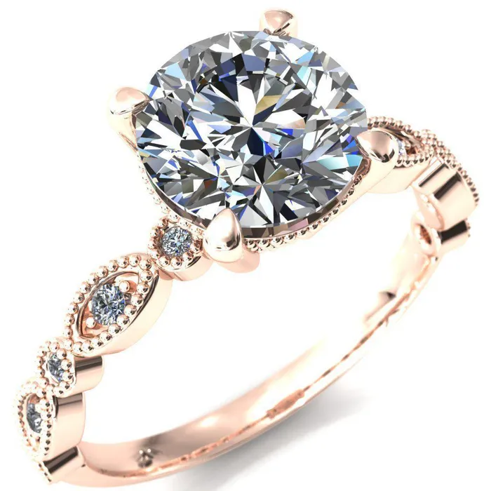 Rings Fire Brilliance Shirley Round Center Stone 4 Prong Loop Diamond Side Engagement Ring