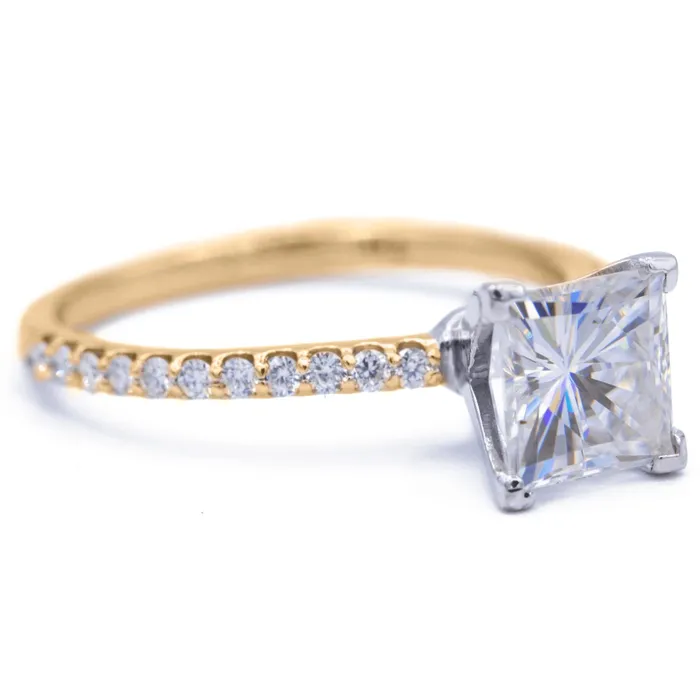 Rings Fire Brilliance Square Moissanite 4 Prongs Diamond Accent Ice Solitaire Ring
