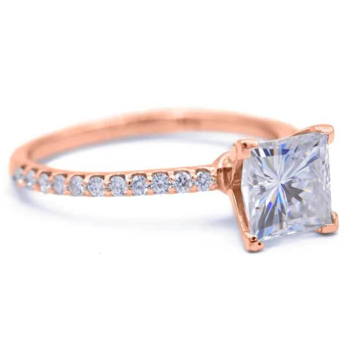 Rings Fire Brilliance Square Moissanite 4 Prongs Diamond Accent Ice Solitaire Ring