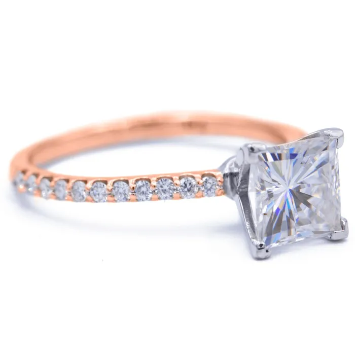 Rings Fire Brilliance Square Moissanite 4 Prongs Diamond Accent Ice Solitaire Ring