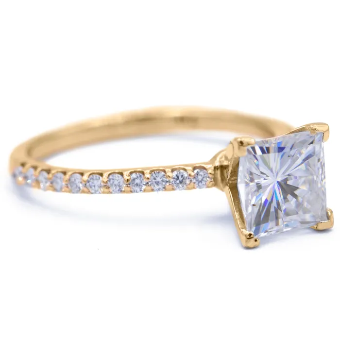 Rings Fire Brilliance Square Moissanite 4 Prongs Diamond Accent Ice Solitaire Ring