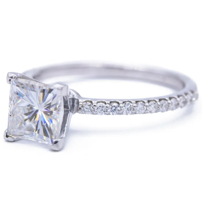 Rings Fire Brilliance Square Moissanite 4 Prongs Diamond Accent Ice Solitaire Ring