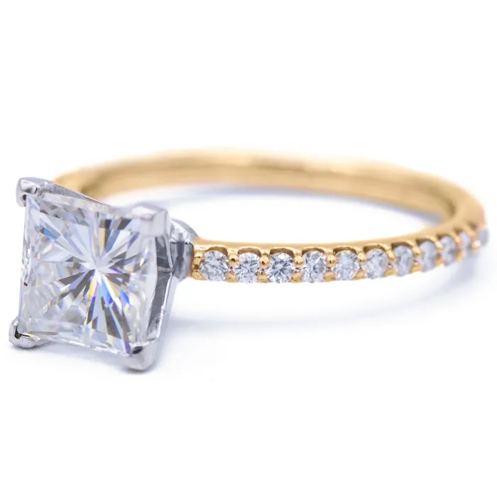 Rings Fire Brilliance Square Moissanite 4 Prongs Diamond Accent Ice Solitaire Ring