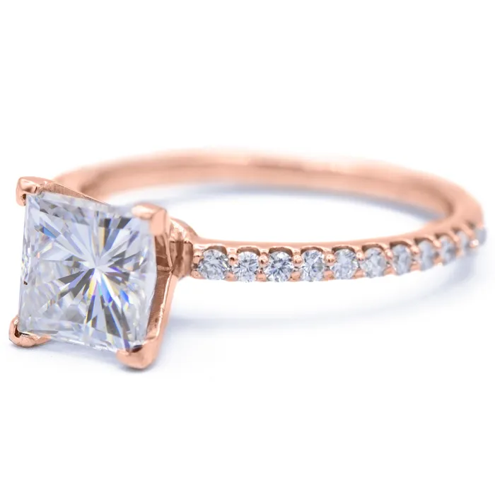 Rings Fire Brilliance Square Moissanite 4 Prongs Diamond Accent Ice Solitaire Ring