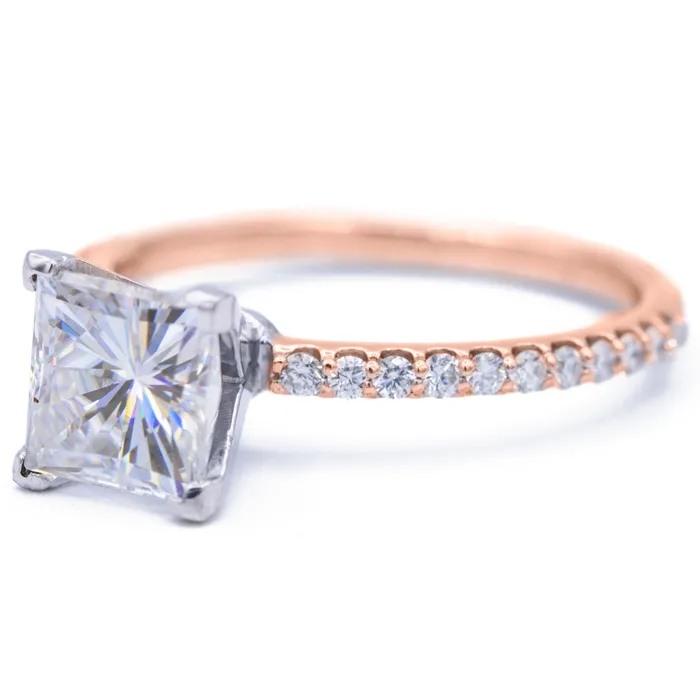 Rings Fire Brilliance Square Moissanite 4 Prongs Diamond Accent Ice Solitaire Ring