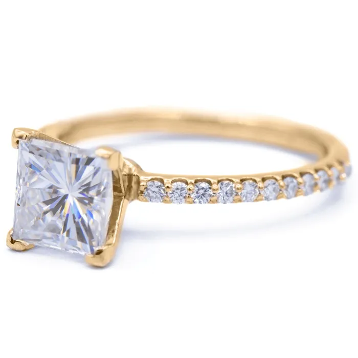 Rings Fire Brilliance Square Moissanite 4 Prongs Diamond Accent Ice Solitaire Ring