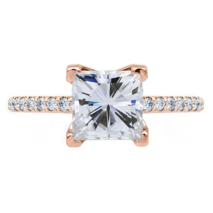 Rings Fire Brilliance Square Moissanite 4 Prongs Diamond Accent Ice Solitaire Ring