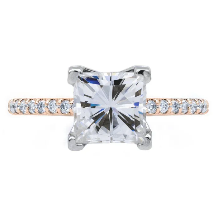 Rings Fire Brilliance Square Moissanite 4 Prongs Diamond Accent Ice Solitaire Ring