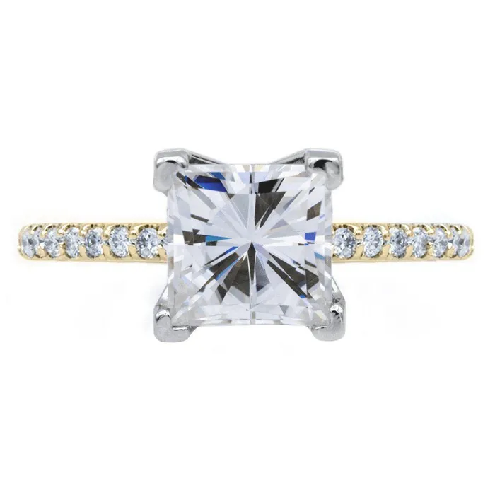 Rings Fire Brilliance Square Moissanite 4 Prongs Diamond Accent Ice Solitaire Ring