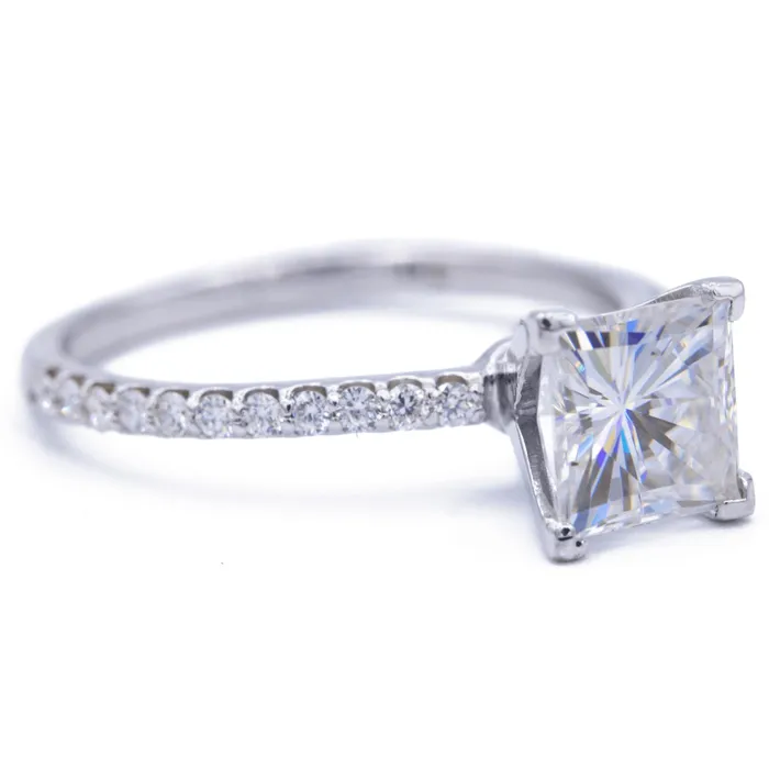Rings Fire Brilliance Square Moissanite 4 Prongs Diamond Accent Ice Solitaire Ring