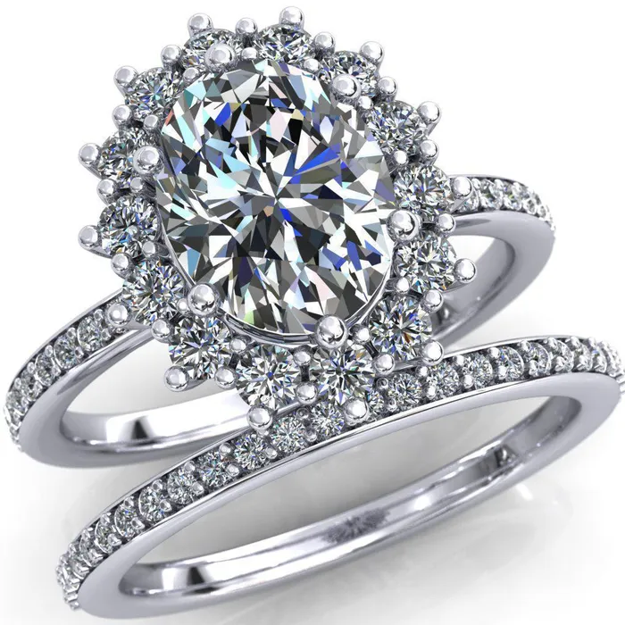 Rings Fire Brilliance The Duchess Oval Center Stone 6 Prong Diamond Cluster Halo Ring
