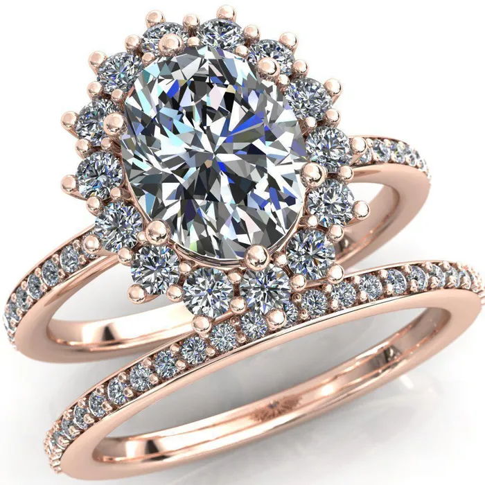 Rings Fire Brilliance The Duchess Oval Center Stone 6 Prong Diamond Cluster Halo Ring