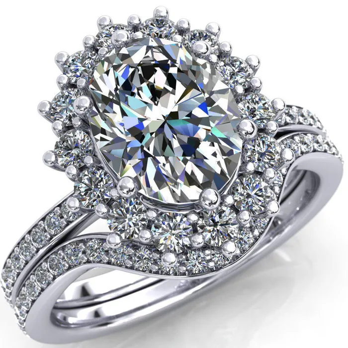Rings Fire Brilliance The Duchess Oval Center Stone 6 Prong Diamond Cluster Halo Ring