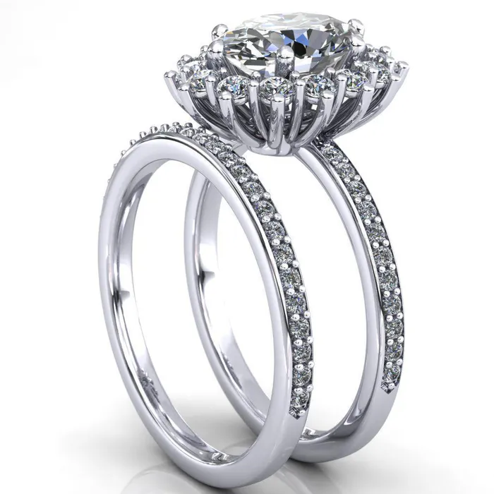 Rings Fire Brilliance The Duchess Oval Center Stone 6 Prong Diamond Cluster Halo Ring