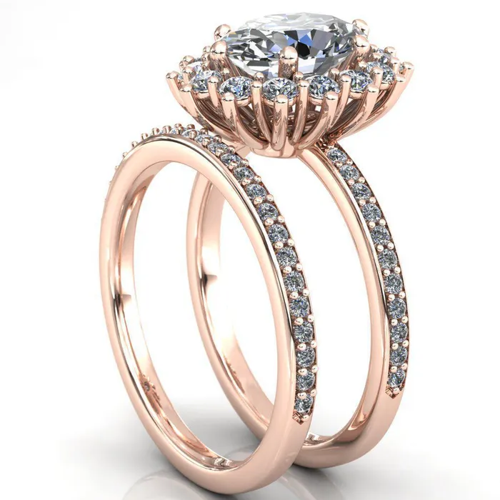 Rings Fire Brilliance The Duchess Oval Center Stone 6 Prong Diamond Cluster Halo Ring