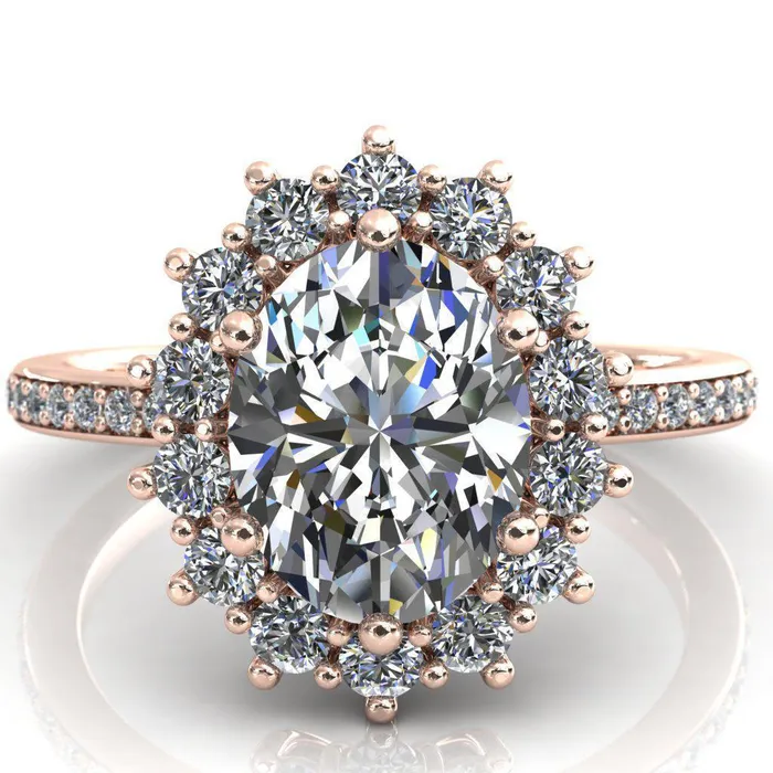 Rings Fire Brilliance The Duchess Oval Center Stone 6 Prong Diamond Cluster Halo Ring
