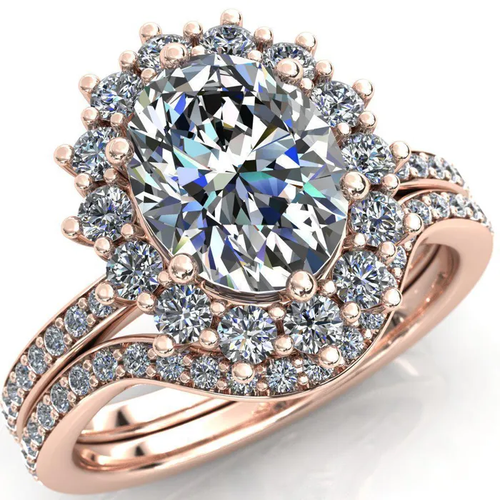 Rings Fire Brilliance The Duchess Oval Center Stone 6 Prong Diamond Cluster Halo Ring