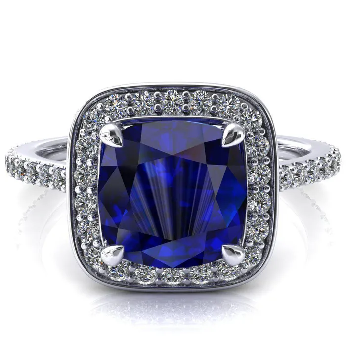 Rings Fire Brilliance Valma Cushion Blue Sapphire Floating Diamond Halo and Sides Ring Rings Fire Brilliance Valma Cushion Blue Sapphire Floating Diamond Halo and Sides Ring