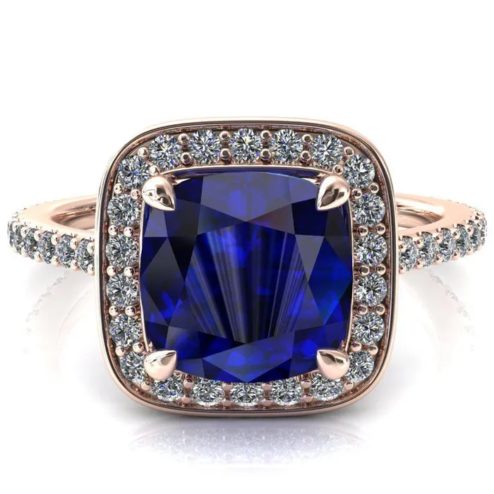 Rings Fire Brilliance Valma Cushion Blue Sapphire Floating Diamond Halo and Sides Ring