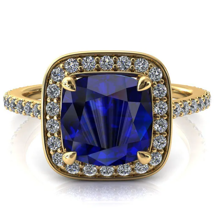 Rings Fire Brilliance Valma Cushion Blue Sapphire Floating Diamond Halo and Sides Ring