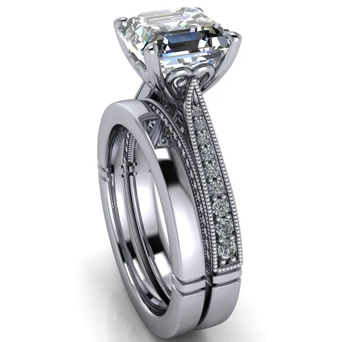 Rings Fire Brilliance Vivienne Asscher Moissanite 4 Prong Milgrain Engagement Ring