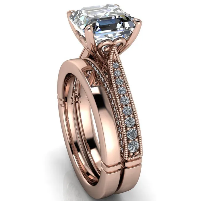 Rings Fire Brilliance Vivienne Asscher Moissanite 4 Prong Milgrain Engagement Ring