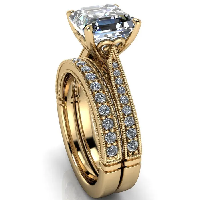 Rings Fire Brilliance Vivienne Asscher Moissanite 4 Prong Milgrain Engagement Ring
