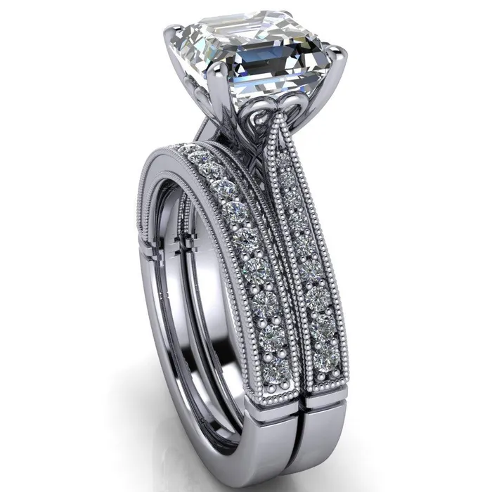 Rings Fire Brilliance Vivienne Asscher Moissanite 4 Prong Milgrain Engagement Ring